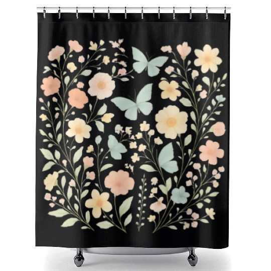 Pastel Floral and Butterfly Nature Scene Shower Curtains