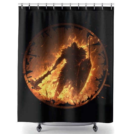 Fire Armored Warrior with Burning Shield and Axe Shower Curtains