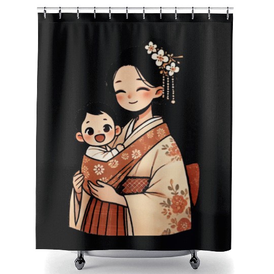 Elegant Asian Woman in Kimono Holding Baby Shower Curtains