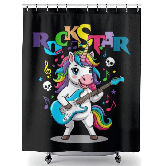 Rockstar Unicorn Playing Rainbow Guitar Shower Curtains
