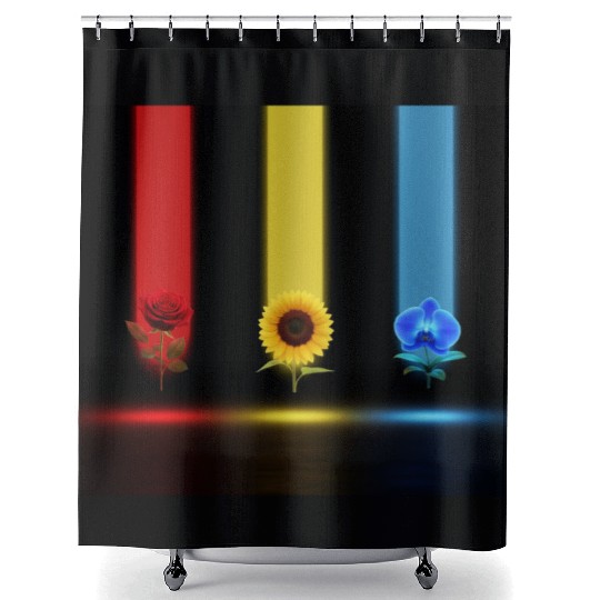 Three Glowing Blooms: Rose, Sunflower, and Orchid Shower Curtains