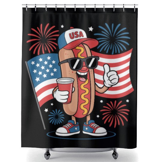4th Of July Hotdog American Flag Patriotic Firewor Shower Curtains