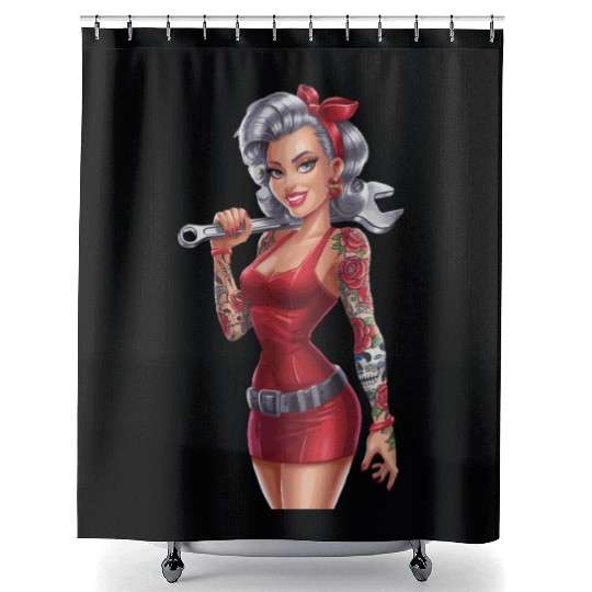 Retro Pin-Up Mechanic Woman with Tattoos and Shower Curtains