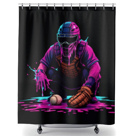 Neon Baseball Catcher Art Cool Vaporwave Sports Shower Curtains