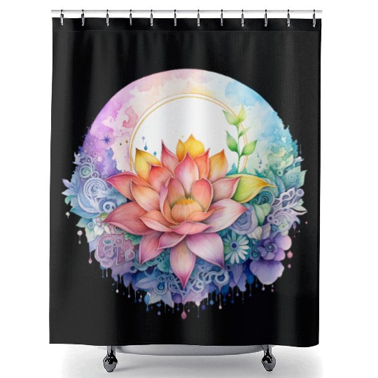 Retro Zen Lotus Mandala Rainbow Shower Curtains