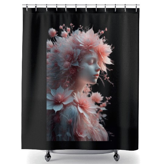 Ethereal Floral Portrait - Woman with Coral Pink Shower Curtains