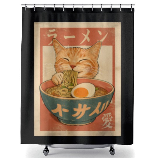 Cat Ramen Funny Japanese Vintage Shower Curtains