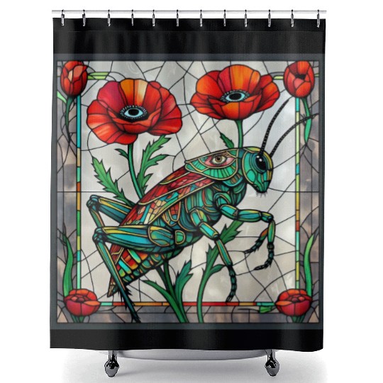 Grasshopper cricket stained glass poppy flower Shower Curtains