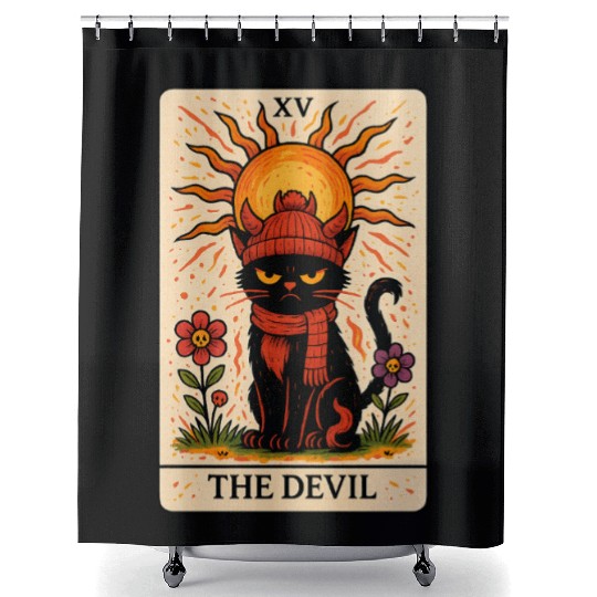 Devil Cat Tarot Card, Grumpy Cat Art, Mystical Shower Curtains
