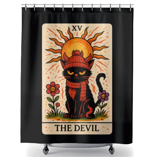 Devil Cat Tarot Card, Grumpy Cat Art, Mystical Shower Curtains