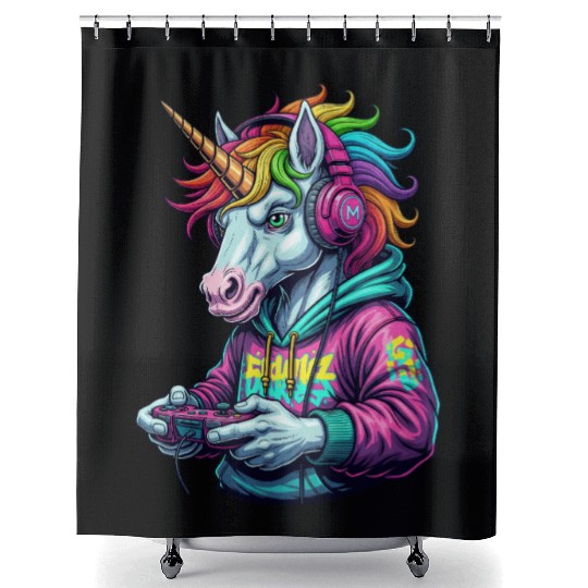Unicorn Gamer: Retro Gaming Fun! Shower Curtains
