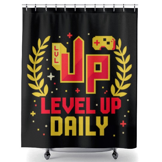 Level Up Daily Gaming Lifestyle Motivation Graphic Shower Curtains