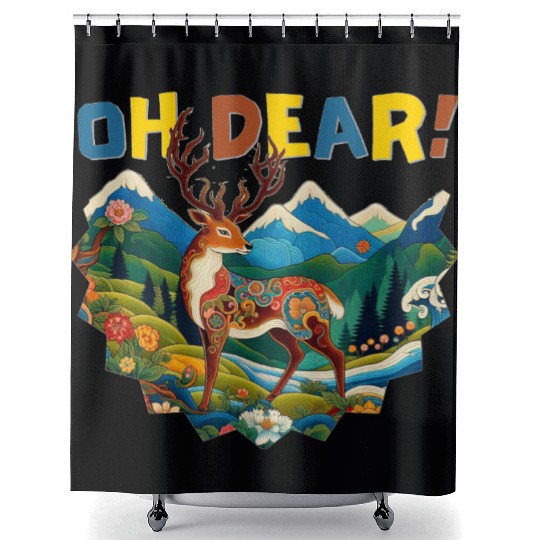 Oh-Dear-Wanderlust-Deer-in-Jungle-Tibetan-Folk-Art Shower Curtains