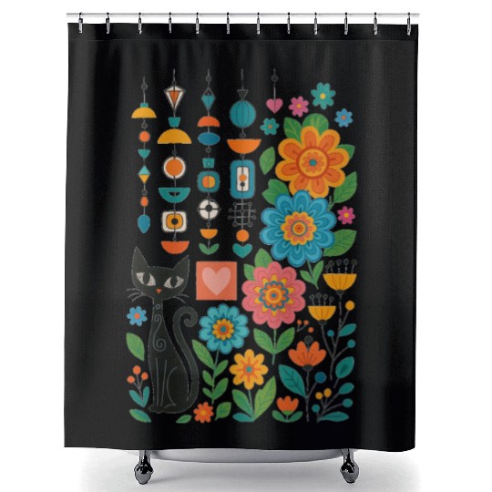 Midnight Cats Blooming Charms Shower Curtains