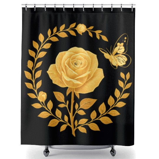 Golden Rose with Butterfly Frame Shower Curtains