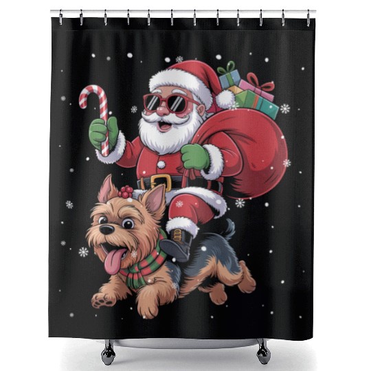 Santa Claus Yorkie Dog Christmas In July Shower Curtains