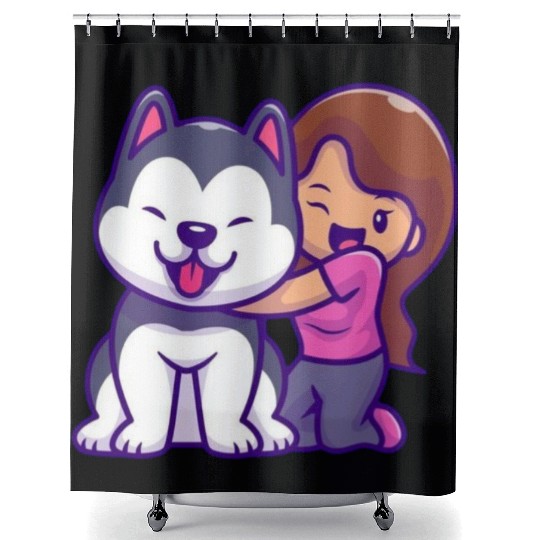 Cute Girl Hugging Playful Husky Design Shower Curtains