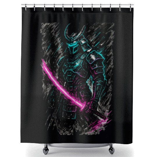 Neon Samurai Warrior Illustration Shower Curtains