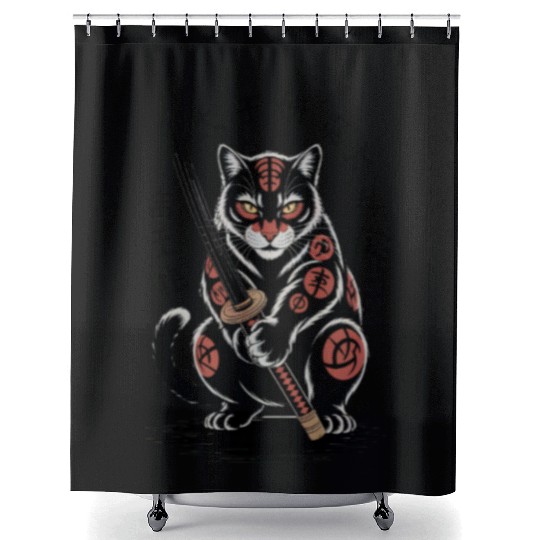 Mythical Japanese Warrior Cat Design Shower Curtains