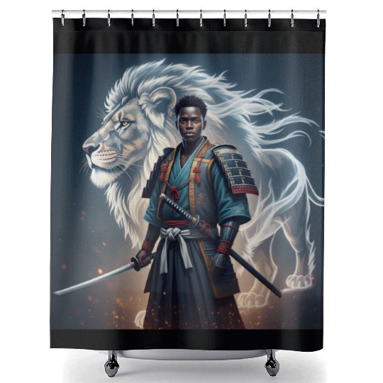 African Samurai With Spirit Lion Shower Curtains