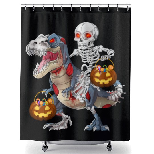 Skeleton Riding Zombie Dinosaur T rex Halloween Shower Curtains