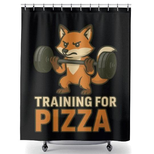 Funny Gym Shower Curtains Training for Pizza Workout Fox