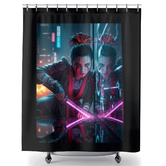 Cyberpunk Samurai Girl Shower Curtains