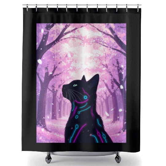 Midnight Cyber Cat | Pink Cherry Blossom Forest Shower Curtains