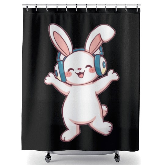 Joyful Bunny with Headphones Shower Curtains