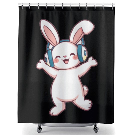 Joyful Bunny with Headphones Shower Curtains