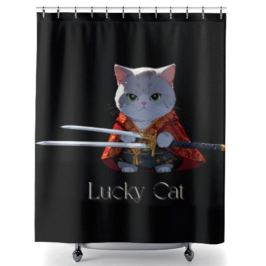 Mythic Warrior Cat with Swords Shower Curtains