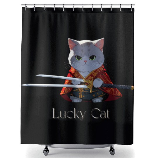 Mythic Warrior Cat with Swords Shower Curtains