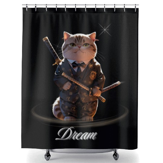 Samurai Cat in Formal Kimono Shower Curtains