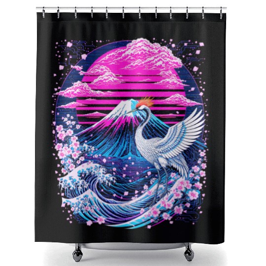 Neon Sakura Crane & Mount Fuji Scene Shower Curtains