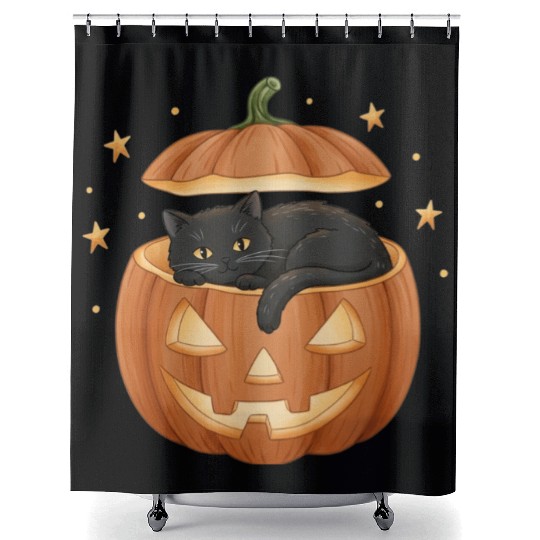 Black Cat in Jack-O-Lantern Pumpkin Shower Curtains