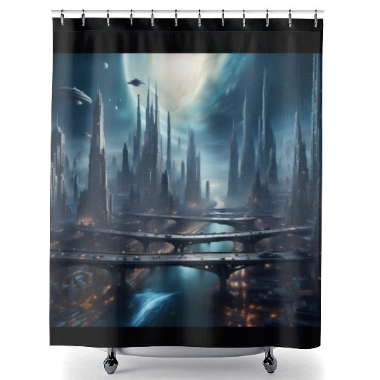 Magic City with Skyscraper Sci-Fi Alien Planet Shower Curtains