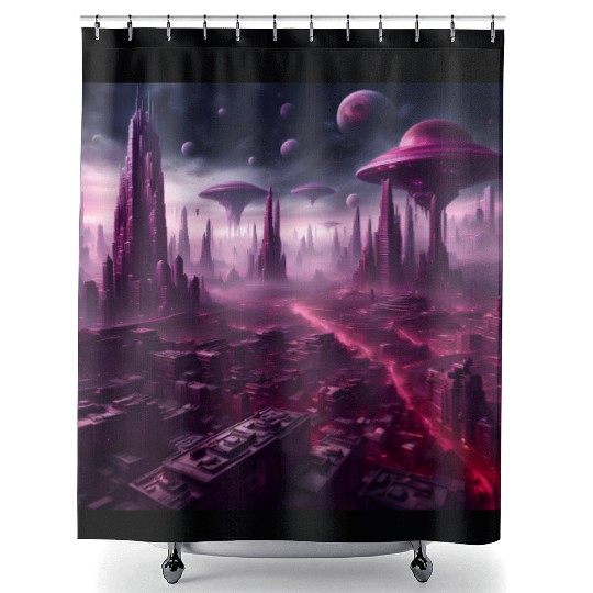 Sci-Fi Future World And Alien City in Neon Pink Shower Curtains