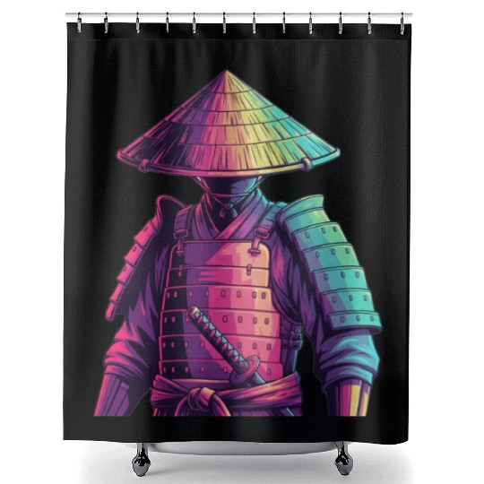 Neon Samurai Warrior Illustration Shower Curtains