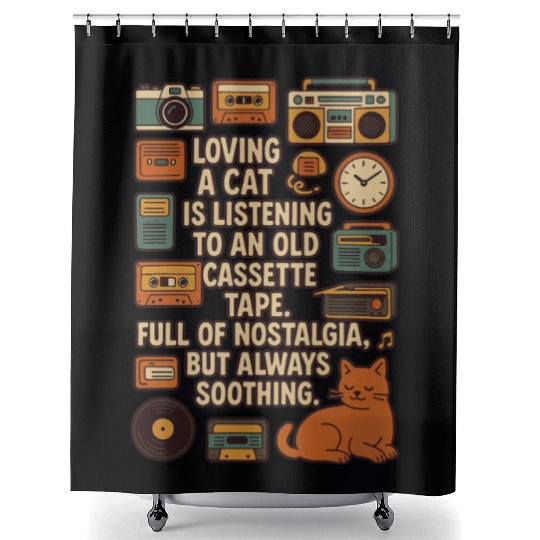 Nostalgic Cat Listening Cassette Tape Shower Curtains