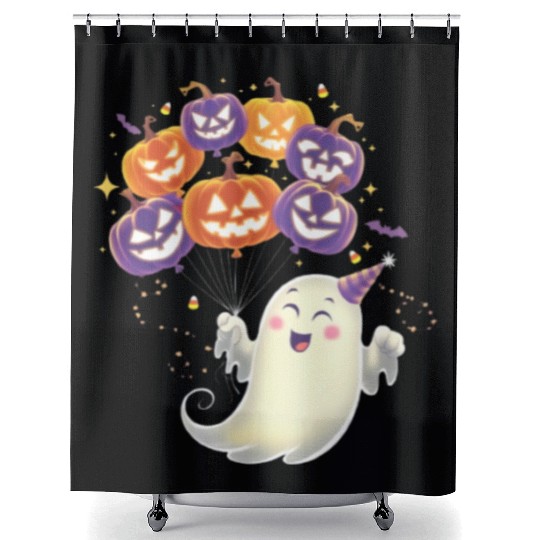Halloween Ghost with Jack-o'-Lantern Balloons Shower Curtains