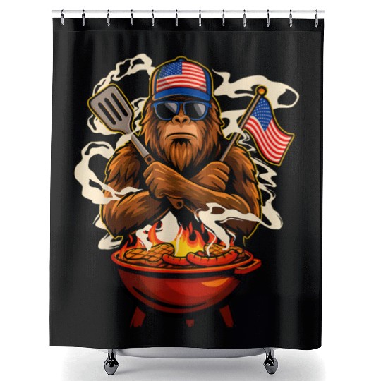 Patriotic BBQ Gorilla Illustration Shower Curtains