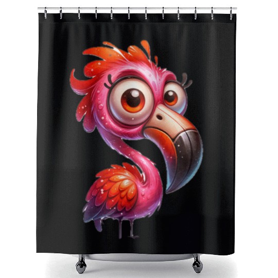 Whimsical Pink Flamingo Cartoon Style Shower Curtains