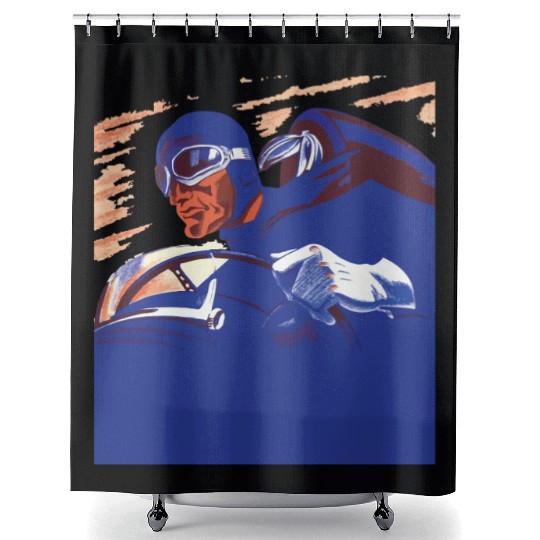 Car Driver in Blue Shower Curtains