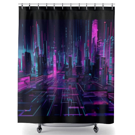 Neon Cyberpunk Futuristic Cityscape Art Shower Curtains