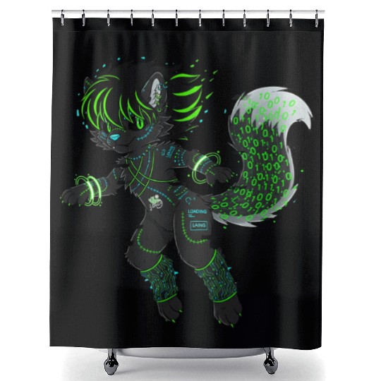 Cyberpunk Hacker Fursuit - Binary Neon Furry Shower Curtains