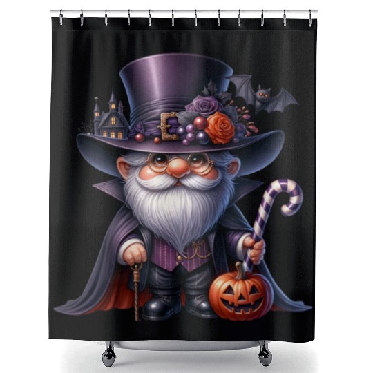 Elegant Halloween Gnome – Top Hat, Pumpkin & Candy Shower Curtains