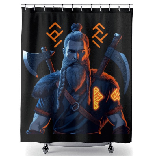 Viking Warrior with Axes and Fur Shower Curtains