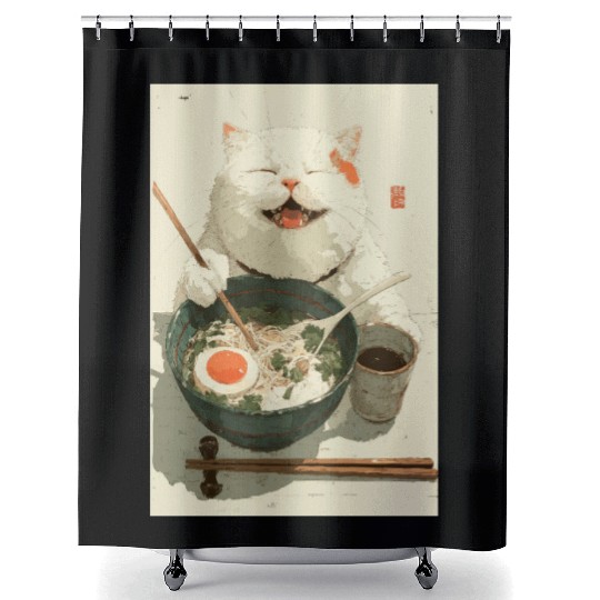 Happy White Cat Eating Ramen Shower Curtains
