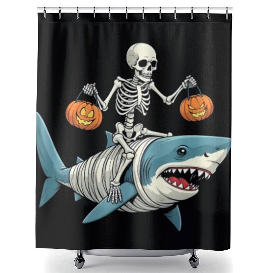 Skeleton Riding Mummy Dinosaur Funny Halloween Shower Curtains