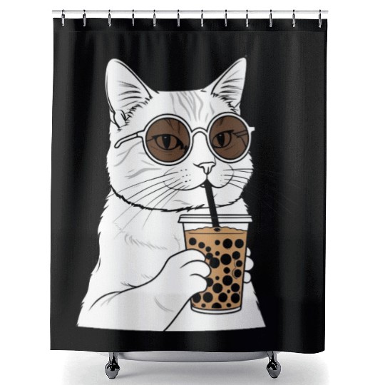 Cool Cat with Bubble Tea and Sunglasses Shower Curtains